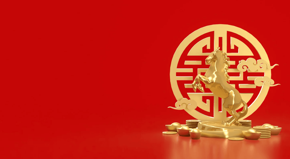 Red background with golden chinese horse zodiac
